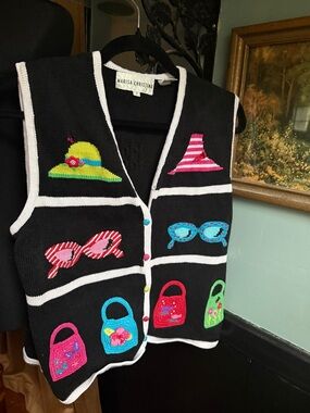 Marisa Christina Black Knit Vest with Bright Multicolor Appliqués